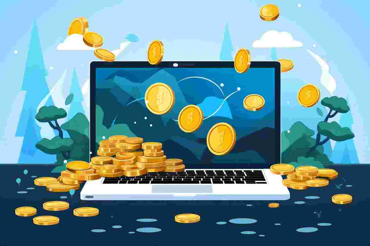 Coins falling onto a laptop screen indicating cryptocurrency earnings, with abstract blue shapes and plants in the background